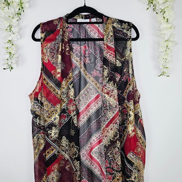 Susan Graver Sleeveless Open Front Sheer Vest Gold Baroque Drape Front Plus 2XL - Picture 7 of 13